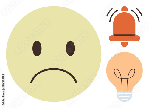 Frowning face expressing concern, paired with lightbulb symbolizing ideas, and alert notification suggesting urgency. Ideal for brainstorming, creativity, stress, problem-solving, emotion