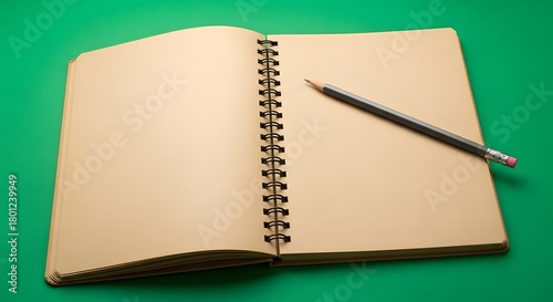 Open spiral-bound notebook with blank pages and a pencil resting on it against a vibrant green background, ready for writing or drawing