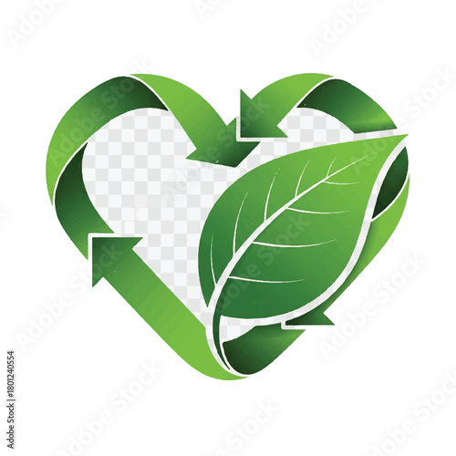 Eco friendly recycling heart symbol with green arrows and leaves representing sustainable circular economy.