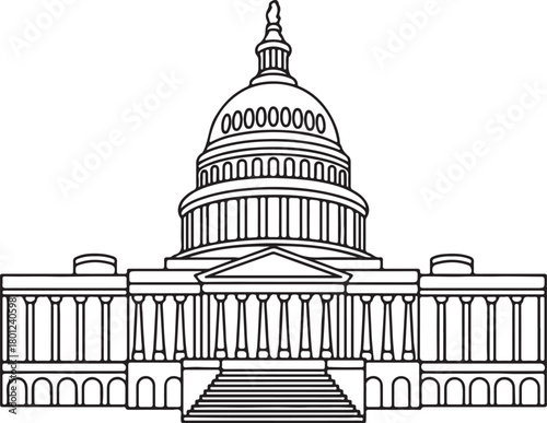 United States Capitol Hill Building Line Art Illustration, Coloring Book Page Line Art Drawing