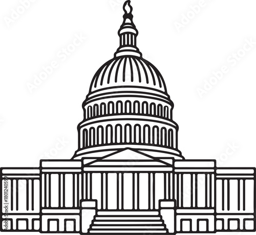 United States Capitol Hill Building Line Art Illustration, Coloring Book Page Line Art Drawing