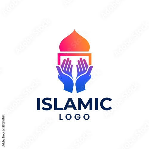 A modern Islamic logo featuring two praying hands and a mosque dome in vibrant gradient colors. Clean, minimal, and versatile vector design suitable for Islamic branding, apps, and community materials