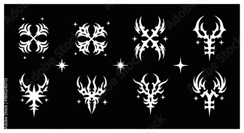 Abstract Tribal Tattoo Design Elements with Starry Accents on Dark Background