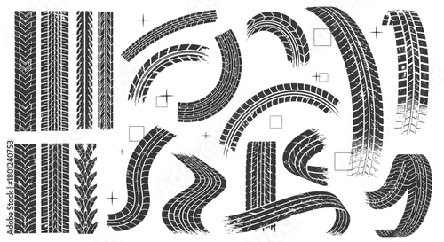Realistic Set of Tire Tracks Isolated on White Background
