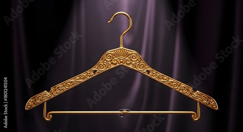 Elegant gold hanger with intricate design hanging against a dark, silky background, showcasing luxury and sophistication in clothing accessories