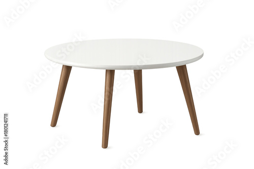 Round coffee table featuring white top and wooden legs, modern furniture design creating comfort in home interior