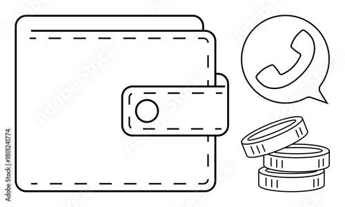 Wallet with strap, three stacked coins, and speech bubble with phone icon signifying transactions, saving, currency, mobile services, payment systems. Ideal for banking, finance communication