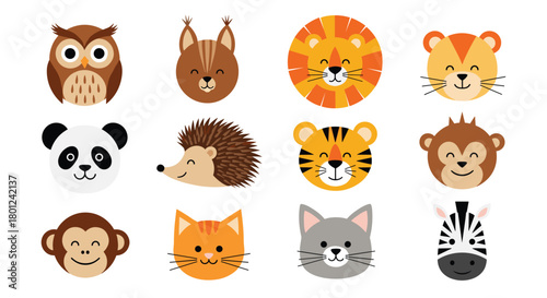 Cute cartoon animal faces collection on a white background, featuring various wild and domestic animals.