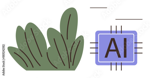 Green foliage beside AI chip, visualizing harmony between technology and environment. Ideal for sustainability, innovation, eco-technology, AI concepts, environmental progress, green energy, simple