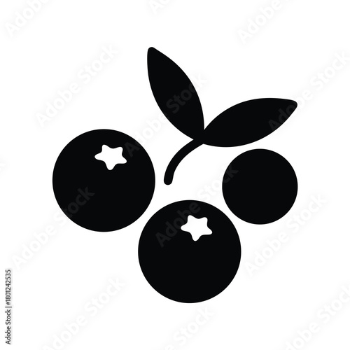 Simple black blueberry icon illustration with leaves
