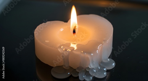 A close-up of a melting white candle with a glowing flame, creating a warm and calming atmosphere on a dark background