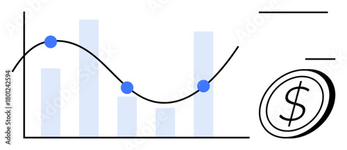 Bar graph with line chart indicating data points and fluctuations, beside a dollar sign for financial concepts. Ideal for finance, analytics, business growth, economy, investment, cost tracking