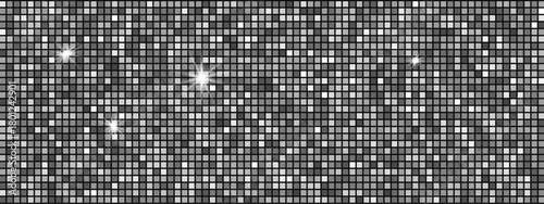 Disco ball pattern with silver texture background and mosaic mirror glitter design. Stylish square sequin style, perfect for party or club decor.