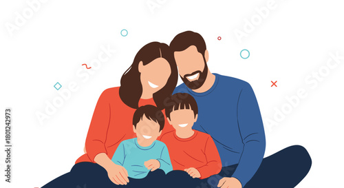 An illustrated family portrait showcasing a smiling mother, father, and their two young boys, radiating happiness.