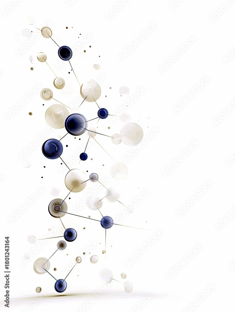 Obraz premium A network of interconnected spheres, some dark blue and others beige, linked by thin lines against a clean white backdrop.