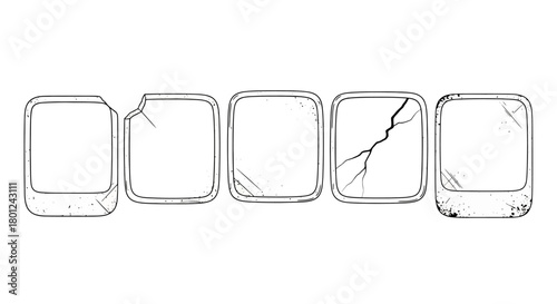Set of Five Cracked Square Button Designs Varying Damage and Condition for User Interface
