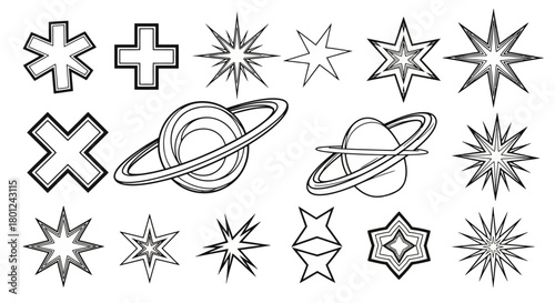 Stylized Celestial Ornaments Set of Decorative Starbursts, Geometric Forms, and Planet Icons