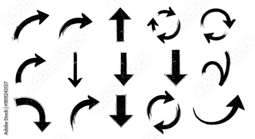 Collection of grunge arrow icons in different directions for design elements, navigation, and illustrations