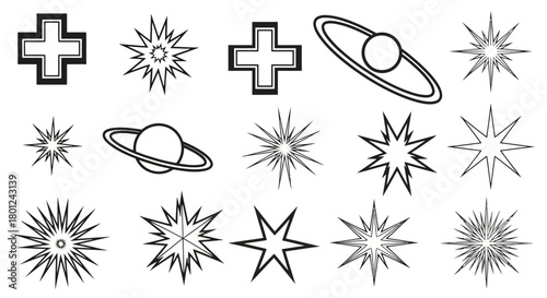 Set of diverse starburst and plus sign icons, featuring various burst and cross designs, for use in design