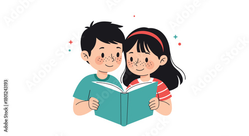 A delightful illustration of a young boy and girl with freckles happily reading an open book together, symbolizing shared learning and childhood joy.