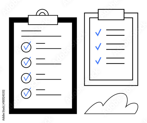 Two clipboards featuring checklists with blue checkmarks, emphasizing organization, productivity, and task management. Ideal for planning, business, education, workflow, goals accountability simple