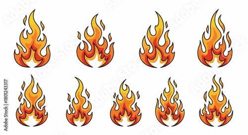Set of cartoon fire flames in various shapes and sizes, perfect for design elements