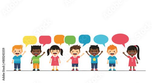 A diverse group of happy children from different backgrounds stand together, smiling and waving with colorful speech bubbles above their heads.