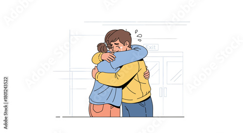 Emotional Farewell Embrace: A Heartfelt Goodbye Illustration Showing Sadness and Departure