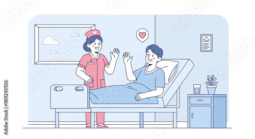 Friendly Nurse Greeting Cheerful Patient In Modern Hospital Room Feeling Healthy