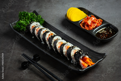 Korean food, Kim Bap - Steamed rice with vegetables in seaweed.