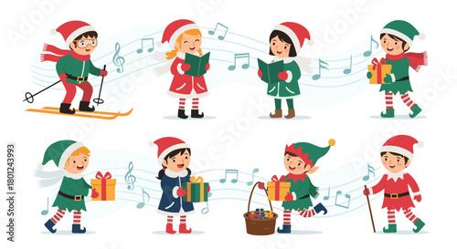 Happy children celebrating Christmas with carols, gifts, and winter activities like skiing, dressed as Santa and elves.