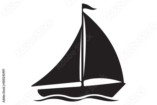 Black silhouette of a sailboat with sails unfurled on wavy water isolated on white background