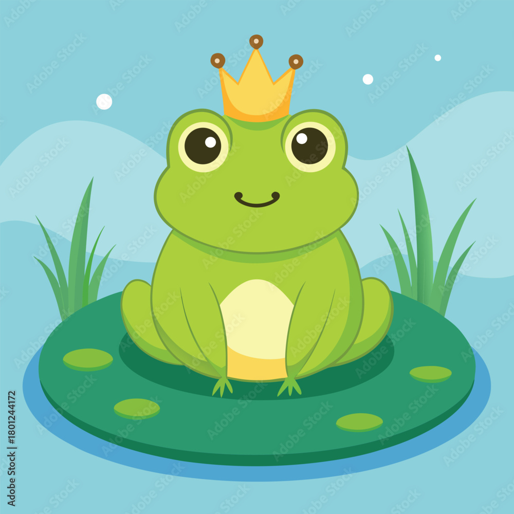 Fototapeta premium Cute cartoon green amphibian frog illustration sitting on a pond leaf or in the water