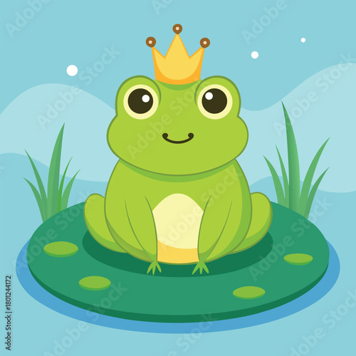 Cute cartoon green amphibian frog illustration sitting on a pond leaf or in the water