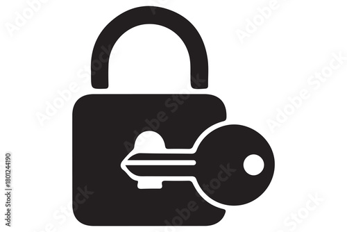 Black icon of a padlock with a key inserted into the lock mechanism isolated on white background