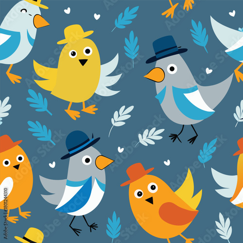 Cute seamless vector pattern featuring funny cartoon flying birds, a perfect background for nature-themed design