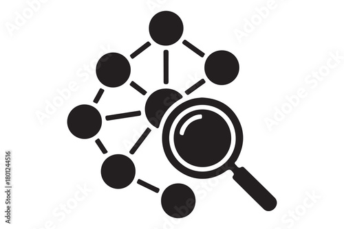 Magnifying glass examining a complex network of interconnected nodes and lines isolated on white background