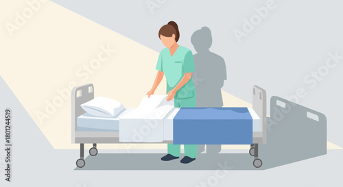 Hospital Bed Preparation With a Nurse, Illustration Depicting Care and Medical Assistance