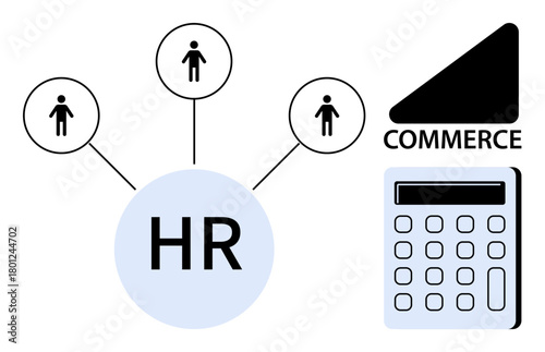 HR circle connects to three workforce icons indicating employee relations. Calculator and commerce symbol reflect teamwork, organizational development, and analysis. Ideal for HR, workforce, business