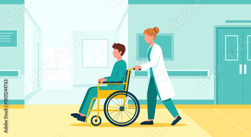 Hospital Corridor Illustration: Medical Care and Wheelchair Patient Assistance Depicted