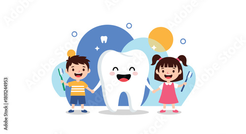 A cheerful cartoon tooth holding hands with a boy and a girl, all smiling and promoting dental hygiene with their toothbrushes.