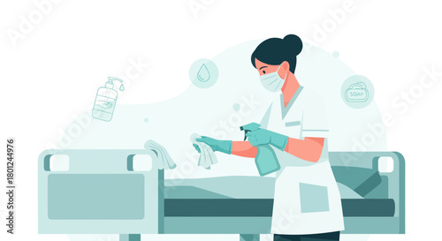 Hospital Hygiene Worker Disinfects Surface For Patient Safety And Health Protection