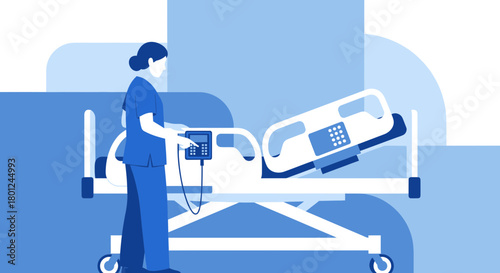 Hospital Nurse Adjusting Bedside Equipment in Modern Medical Clinic Environment