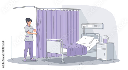 Hospital Nurse Opens Curtain in Patient Room, Healthcare Setting, Artistic Illustration