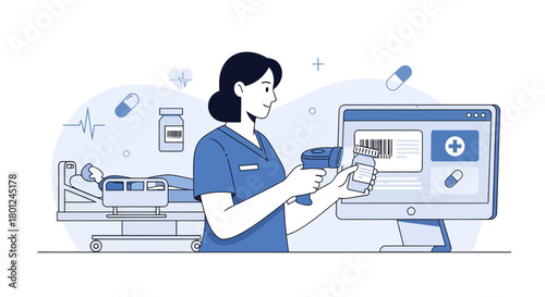 Hospital Nurse Scanning Medication for Patient With Modern Technology and Healthcare