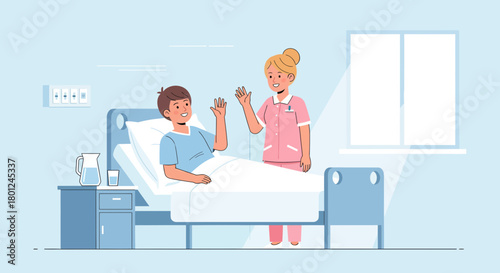 Hospital Room Scene Of Patient And Nurse Greeting Each Other With A Wave