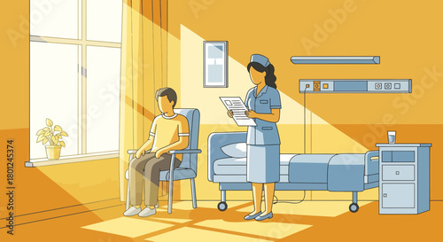 Hospital Room Scene: Doctor Analyzing Patient's Records with Natural Lighting and Comfort