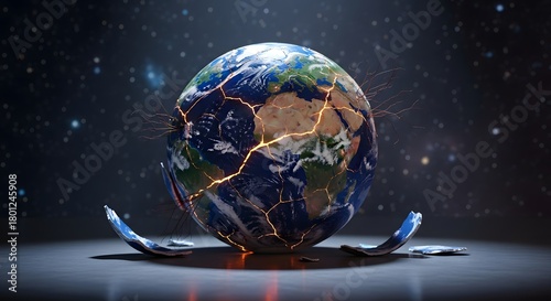 A digital rendering of Earth with visible cracks and lightning, symbolizing environmental stress and the planet's fragile state in a dark, starry background