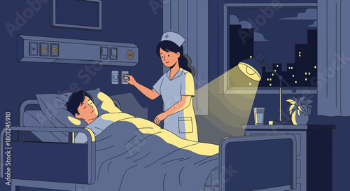 Hospital Scene: Nurse Attends to Patient During Late Night Care Under Warm Lamp Light
