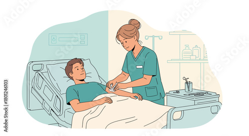 Hospital Treatment: Nurse Administers a Medical Procedure to a Patient on a Bed